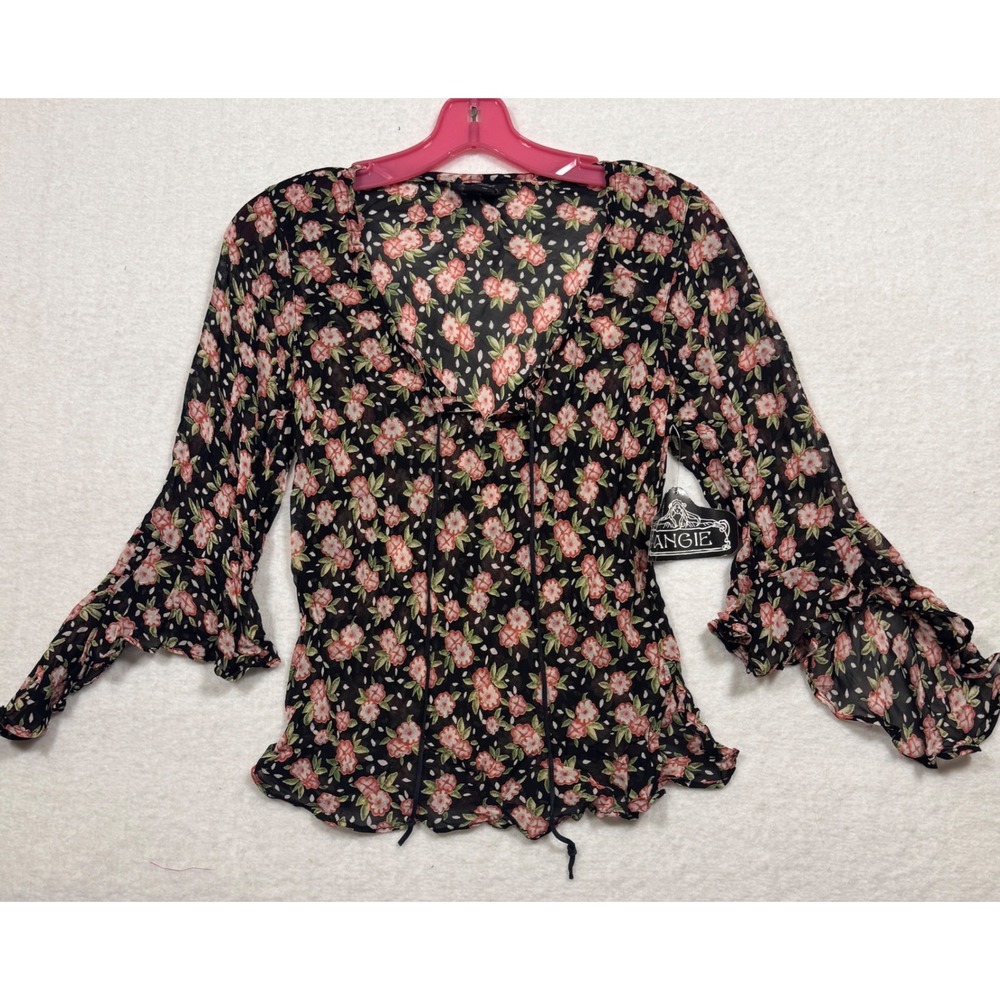 Angie Floral Sheer Tie Front Ruffle Bell Sleeve Blouse Black Pink Small Boho Y2K